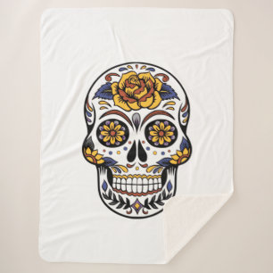 Yellow Rose Sugar Skull Sherpa Deken