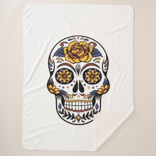 Yellow Rose Sugar Skull Sherpa Deken (Voorkant)