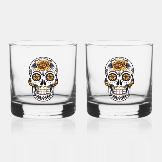 Yellow Rose Sugar Skull Whisky Glas (Voorkant)