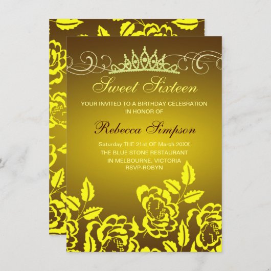 Yellow Rose & Tiara Verjaardag Uitnodiging (Voorkant / Achterkant)