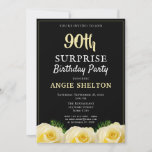 Yellow Rose Tropical 90th Surprise Birthday Party Kaart<br><div class="desc">Yellow Rose Tropical laat 90th Surprise Birthday party uitnodiging voor haar. Verjaardaguitnodiging met prachtige gele rozen en tropische bladeren. De achtergrond is zwart. Ideaal voor een vrouw die haar negentigste verjaardag viert. Nodig voor 90 jaar verrassingsverjaardagsfeest uit.</div>