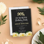 Yellow Rose Tropical 90th Surprise Birthday Party Kaart<br><div class="desc">Yellow Rose Tropical laat 90th Surprise Birthday party uitnodiging voor haar. Verjaardaguitnodiging met prachtige gele rozen en tropische bladeren. De achtergrond is zwart. Ideaal voor een vrouw die haar negentigste verjaardag viert. Nodig voor 90 jaar verrassingsverjaardagsfeest uit.</div>
