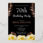 Yellow Rose Tropical Leaves 70th Birthday Gold Folie Uitnodiging (Voorkant)
