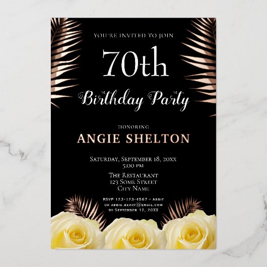 Yellow Rose Tropical Leaves 70th Birthday Gold Folie Uitnodiging (Voorkant)