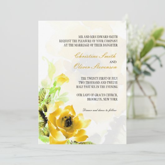 Yellow Rose Wedding Invitation Kaart (Staand voorkant)
