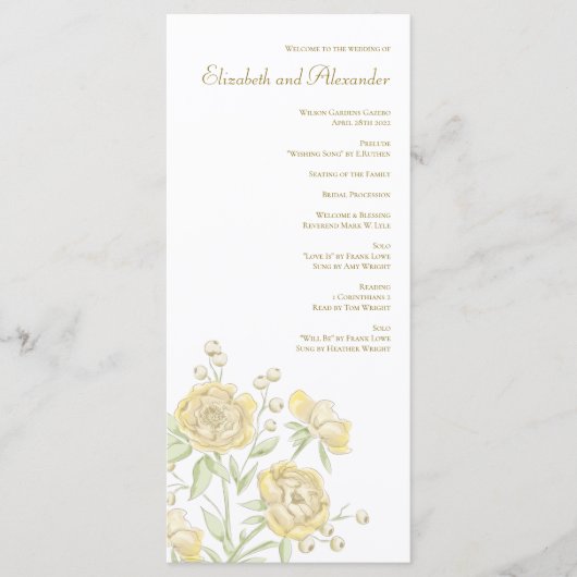 Yellow Rose Wedding Programs Menu (Voorkant)