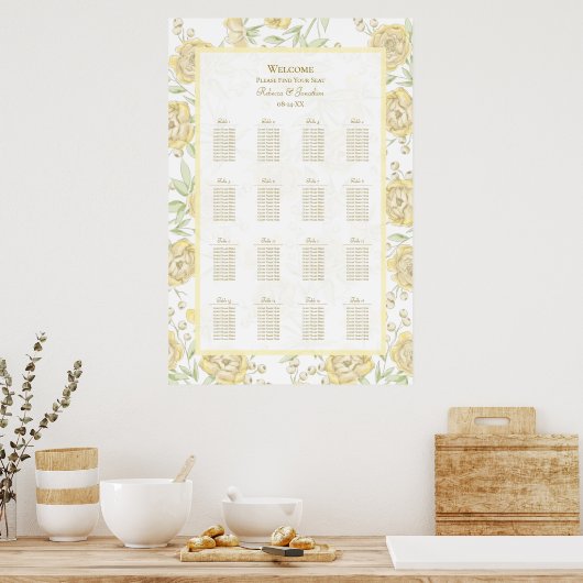Yellow Rose Wedding Seating Chart Poster (Keuken)