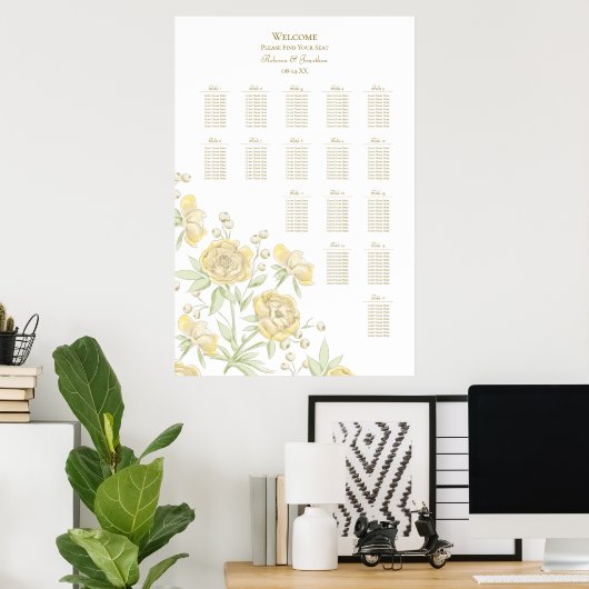 Yellow Rose Wedding Seating Chart Poster (Thuiskantoor)