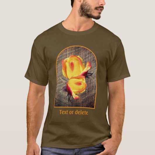 Yellow Rosebud Flowers On Barnboard T-shirt (Voorkant)