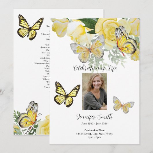 Yellow Roses Butterfly Funeral nodigt aankondiging (Voorkant / Achterkant)