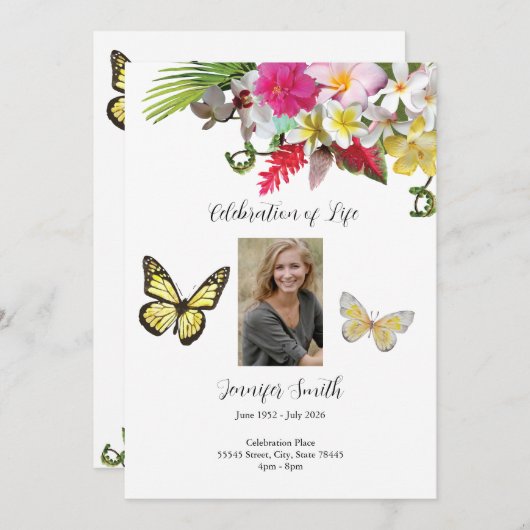 Yellow Roses Butterfly Funeral nodigt aankondiging (Voorkant / Achterkant)