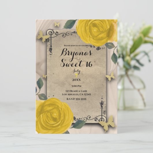  Yellow Roses Butterfly Sweet 16 Kaart (Staand voorkant)