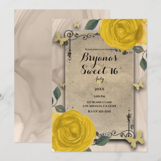  Yellow Roses Butterfly Sweet 16 Kaart (Voorkant / Achterkant)