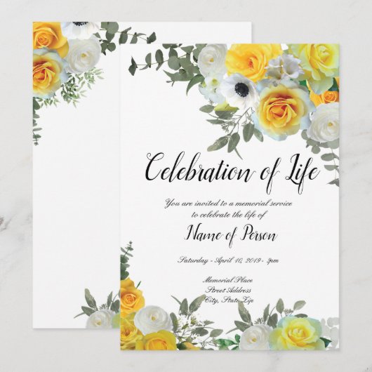 Yellow Roses Funeral Annountation Kaart (Voorkant / Achterkant)