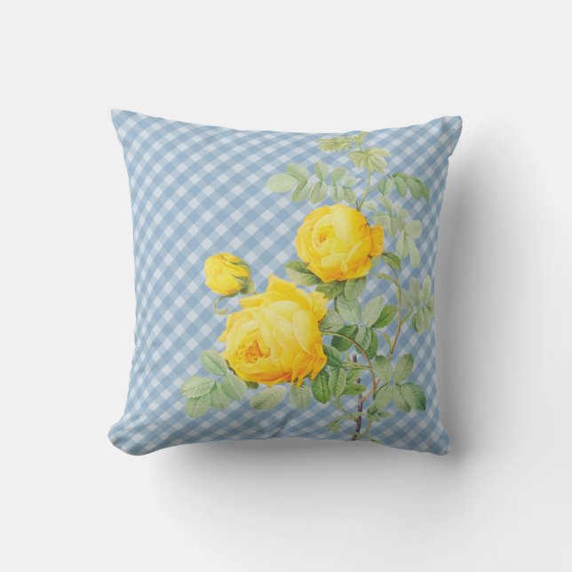  Yellow Roses op Blue Gingham Sierkussen (Voorkant)