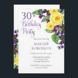 Yellow Roses Violet 30th Wedding Birthday Party Kaart<br><div class="desc">Het vieren van je 30e 'Birthday Party' met gele rozen en paarse violetten en dat is de basis van dit draperende florale ontwerp met paarse scripttekst. Composietontwerp door vakantieharten Design (gereserveerde rechten). Als u vragen hebt of hulp nodig hebt bij het ontwerp, kunt u ons direct een e-mail sturen naar...</div>