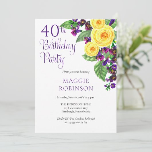 Yellow Roses Violet 40th Wedding Birthday Party Kaart (Staand voorkant)