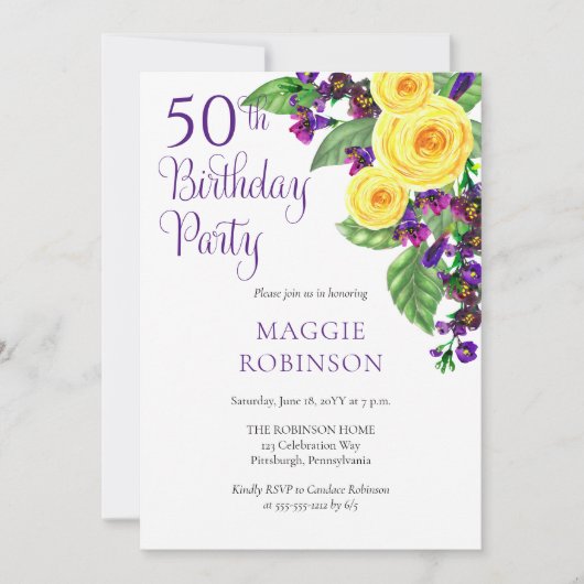 Yellow Roses Violet 50th Wedding Birthday Party Kaart (Voorkant)