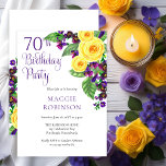 Yellow Roses Violet 70th Wedding Birthday Party Kaart<br><div class="desc">Het vieren van je 70e 'Birthday Party' met gele rozen en paarse violetten en dat is de basis van dit draperende florale ontwerp met paarse scripttekst. Composietontwerp door vakantieharten Design (gereserveerde rechten). Als u vragen hebt of hulp nodig hebt bij het ontwerp, kunt u ons direct een e-mail sturen naar...</div>