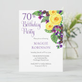 Yellow Roses Violet 70th Wedding Birthday Party Kaart (Staand voorkant)