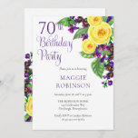 Yellow Roses Violet 70th Wedding Birthday Party Kaart<br><div class="desc">Het vieren van je 70e 'Birthday Party' met gele rozen en paarse violetten en dat is de basis van dit draperende florale ontwerp met paarse scripttekst. Composietontwerp door vakantieharten Design (gereserveerde rechten). Als u vragen hebt of hulp nodig hebt bij het ontwerp, kunt u ons direct een e-mail sturen naar...</div>