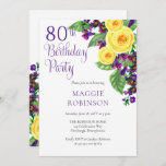 Yellow Roses Violet 80th Wedding Birthday Party Kaart<br><div class="desc">De viering van je 80ste 'Birthday Party' met gele rozen en paarse violetten en dat is de basis van dit draperende florale ontwerp met paarse scripttekst. Composietontwerp door vakantieharten Design (gereserveerde rechten). Als u vragen hebt of hulp nodig hebt bij het ontwerp, kunt u ons direct een e-mail sturen naar...</div>