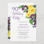 Yellow Roses Violet 90th Wedding Birthday Party Kaart<br><div class="desc">Het vieren van je 90e 'Birthday Party' met gele rozen en paarse violetten en dat is de basis van dit draperende florale ontwerp met paarse scripttekst. Composietontwerp door vakantieharten Design (gereserveerde rechten). Als u vragen hebt of hulp nodig hebt bij het ontwerp, kunt u ons direct een e-mail sturen naar...</div>