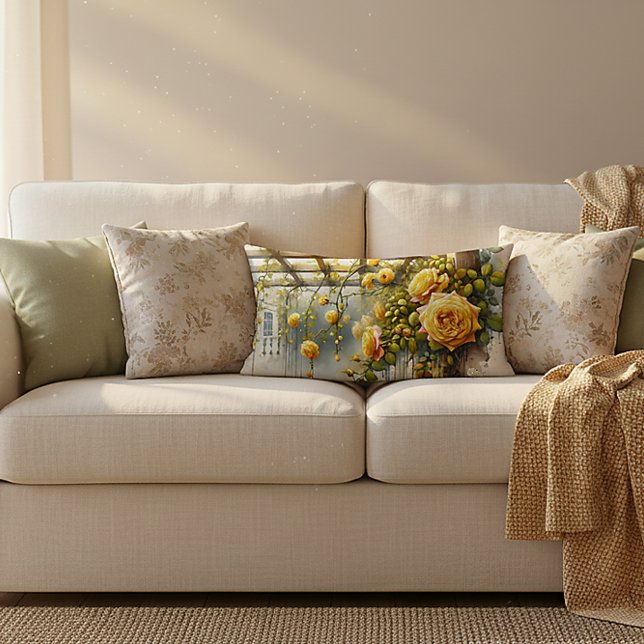 Yellow Roses Waterverf Garden Kussen (Yellow Roses Watercolor Garden Lumbar Pillow)