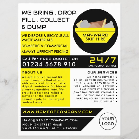 Yellow Rubbish Skip, Skip/Dumpster Company Flyer (Voorkant)