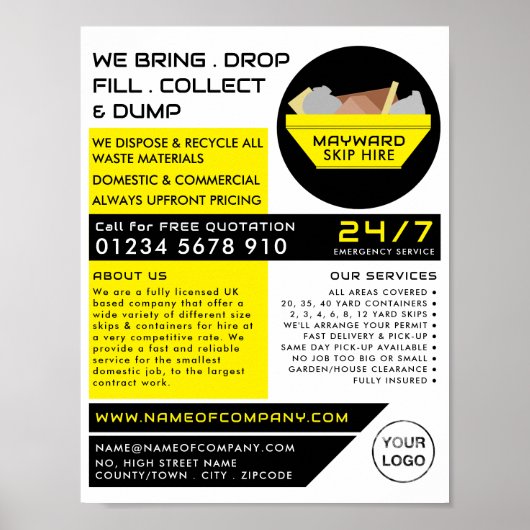 Yellow Rubbish Skip, Skip/Dumpster Company Poster (Voorkant)