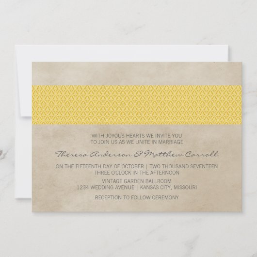 Yellow Rustic Damask Wedding Invite Kaart (Voorkant)