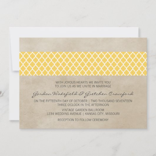 Yellow Rustic Quatrefoil Wedding Invite Kaart (Voorkant)