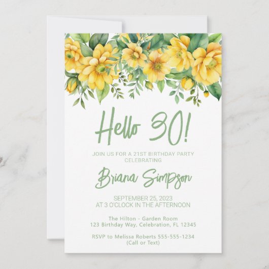 Yellow Sage Green Floral 30th Birthday Party Kaart (Voorkant)