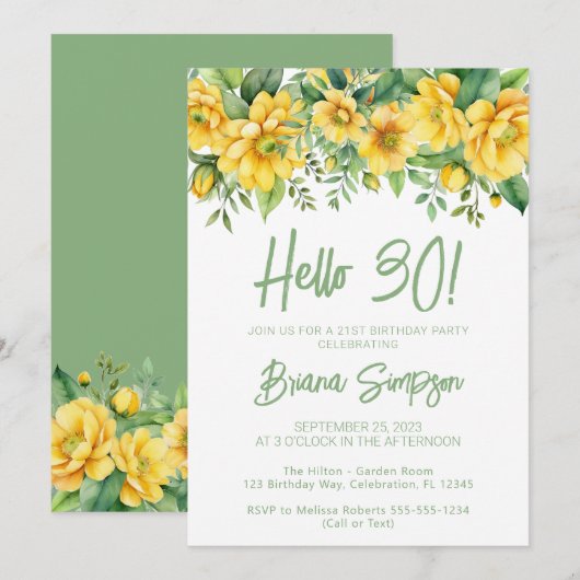 Yellow Sage Green Floral 30th Birthday Party Kaart (Voorkant / Achterkant)