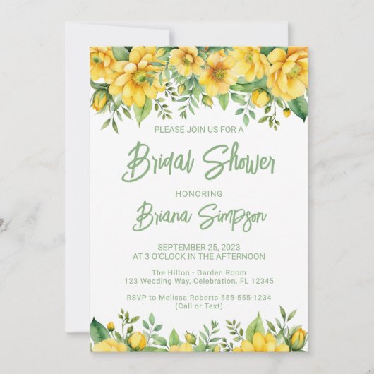 Yellow Sage Green Floral Bridal Shower  Kaart (Voorkant)