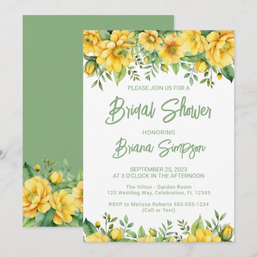 Yellow Sage Green Floral Bridal Shower  Kaart (Voorkant / Achterkant)