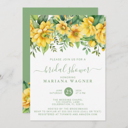 Yellow Sage Green Floral Bridal Shower Kaart (Voorkant / Achterkant)