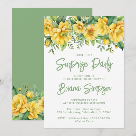 Yellow Sage Green Floral Surprise Party Kaart (Voorkant / Achterkant)