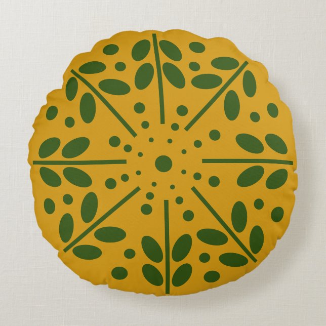 Yellow Scandinavian Folk Art Round Pillow Rond Kussen (Voorkant)