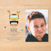 Yellow School Bus Kids Birthday Party Custom Photo Acryl Uitnodigingen (Voorkant)