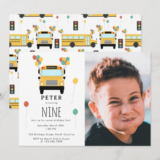 Yellow School Bus Kids Birthday Party Custom Photo Kaart (Voorkant / Achterkant)