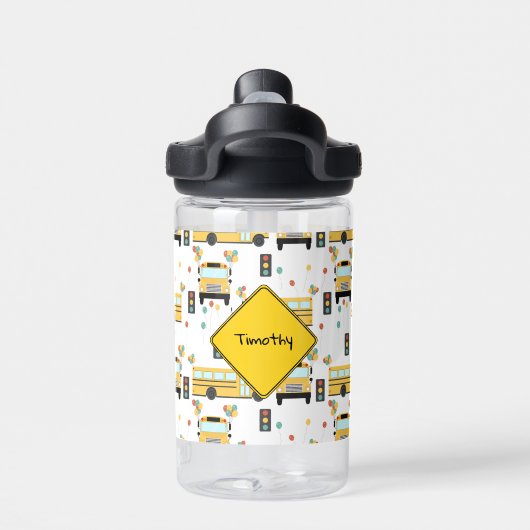 Yellow School Bus Party Kids Custom Name Waterfles (Achterkant)