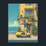 Yellow Scooter by Seaside Briefkaart<br><div class="desc">A charming coastal scene featuring a bright yellow scooter parked beside a sunlit Mediterranean building. Lush green vines climb the warm ochre walls, while balconies and air-conditioning units add urban character. Beyond the promenade, the deep blue sea stretches under a clear sky. The composition captures relaxed seaside living, summer travel...</div>