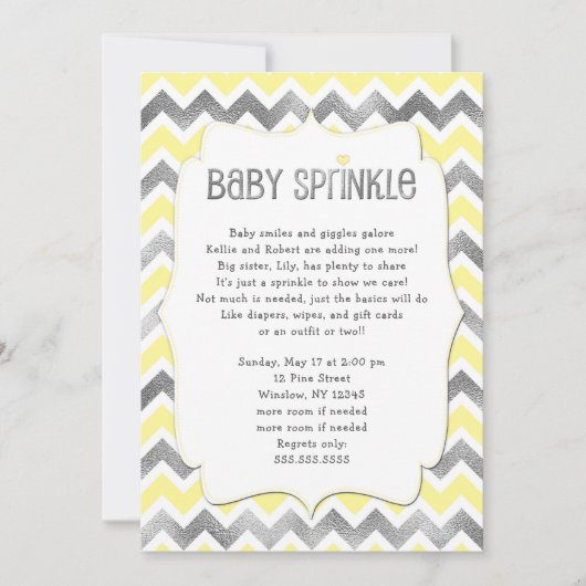 Yellow Silver Baby Sprinkle baby shower uitnodigin Kaart (Voorkant)
