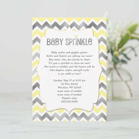 Yellow Silver Baby Sprinkle baby shower uitnodigin Kaart (Staand voorkant)