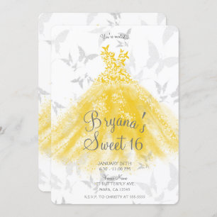 Yellow Silver Butterfly Dance Dress Sweet 16 Party Kaart