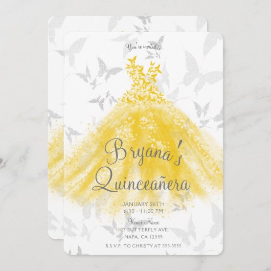 Yellow Silver Butterfly Dance Quinceañera Kaart (Voorkant / Achterkant)