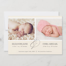 Yellow Simple Twins Photo Birth Aankondiging