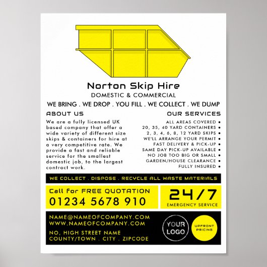 Yellow Skip, Skip/Dumpster Company Adverteren Poster (Voorkant)
