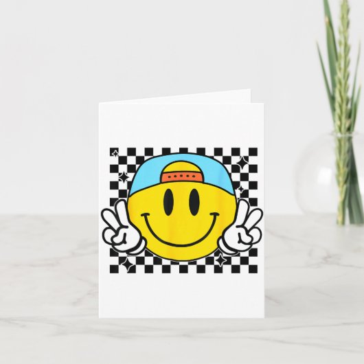 Yellow Smile Face Cute Checkered Peace Smiling Hap Kaart (Voorkant)